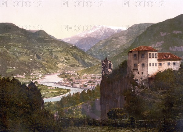 Haselburg Castle and view of Bolzano, Bolzano, Tyrol, former Austro-Hungary, today Italy, c. 1890, Historic, digitally restored reproduction from a 19th century original Haselburg Castle and view of Bolzano, Bolzano, Tyrol, former Austro-Hungary, today Italy, 1890, Historic, digitally restored reproduction from a 19th century original