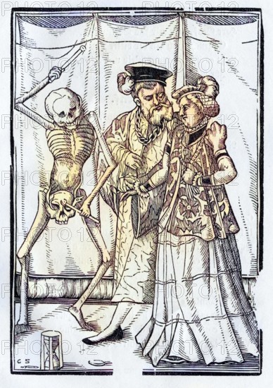 Der Tod kommt zur Herzogin Holzschnitt von Georg Scharffenberg Aus Der Todten Tanz oder The Dance of Death erschienen Basel 1843, Death comes to the Duchess Woodcut by Georg Scharffenberg From Der Todten Tanz or The Dance of Death published Basel 1843, Historisch, digital restaurierte Reproduktion von einer Vorlage aus dem 19. century, Record date not stated