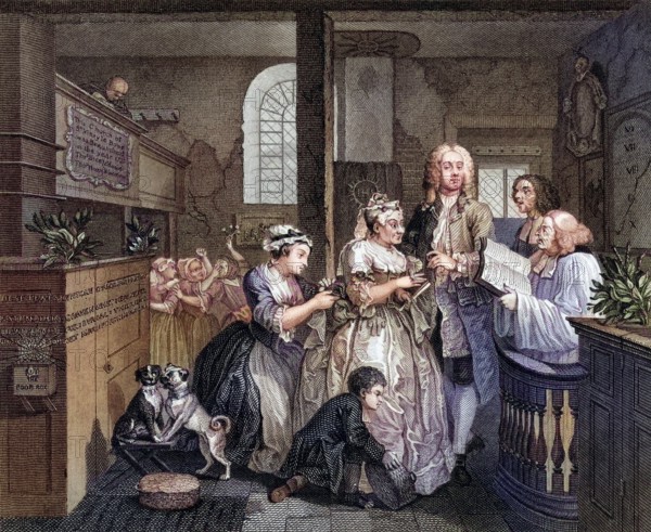 The Rakes Progress Marries an old maid From an original picture by Hogarth from The Works of Hogarth published London 1833, Historisch, digital restaurierte Reproduktion von einer Vorlage aus dem 19. Jahrhundert, Record date not stated