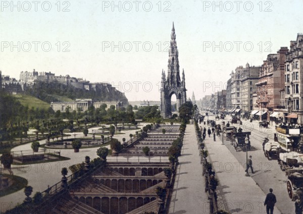 Edinburgh. Princess (i.e. Princes) Street. The Castle & Scott Monument, Scotland, c. 1890, Historic, digitally restored reproduction from a 19th century original