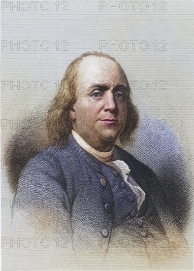 Benjamin Franklin (1706-1790), American statesman, printer and scientist. Copperplate engraving, 1896, digitally restored reproduction from a 19th century original, Record date not stated