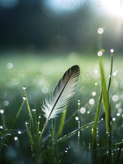 A lone feather resting gently on a dew-covered grassy field, with soft morning light illuminating the delicate details, AI generated