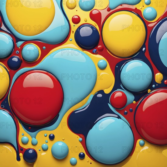 Abstract image with vibrant blue and red blobs and liquid shapes on a yellow background, AI generated