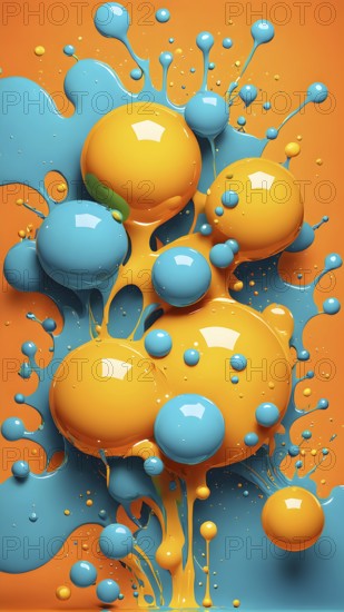 Abstract wallpaper with colorful turquoise and yellow blobs and liquid shapes on a orange background, AI generated