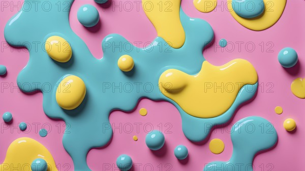 Abstract image with colorful yellow and turquoise blobs and liquid shapes on a pink background, AI generated