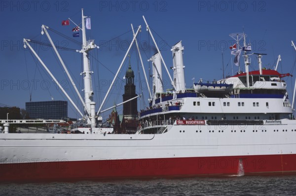 Europe, Germany, Hamburg, harbour, Cap San Diego, museum ship, cargo ship, bridge and tower of the Michel, Hamburg, Hamburg, Federal Republic of Germany, Europe