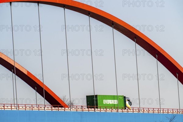 Motorway bridge of the A42 motorway, Emscher expressway, over the Rhine-Herne Canal heavy goods traffic, Essen North Rhine-Westphalia, Germany, Europe