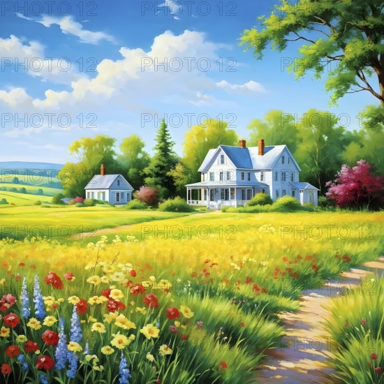 AI generated illustration of colorful countryside houses nestled in a spring or summer scenery with blooming flowers