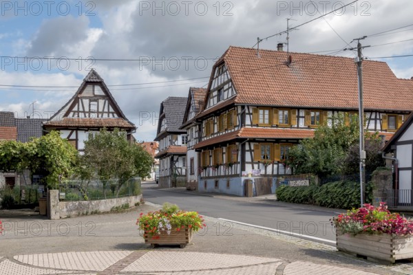 Main street with half-timbered houses, Hunspach, Alsace, Bas-Rhin, Grand Est, France, Europe