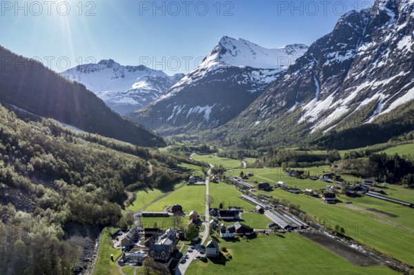 Panorama aerial view of valley Norangdal, village Øye with Union hotel (left), Norway, Europe