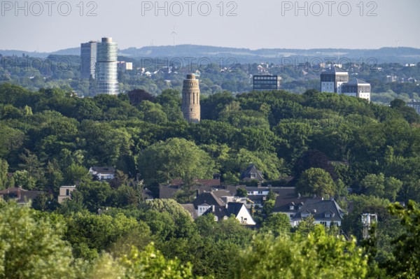 View over the city centre of Bochum, to the south, Exzenterhaus and Bismarck Tower in the municipal park, North Rhine-Westphalia, Germany, Europe