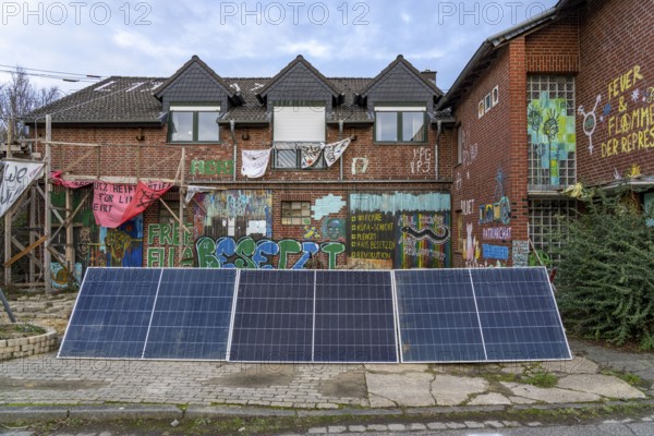 Camp of climate activists in the rest of the village of Lützerath, the last place to be excavated at the Garzweiler 2 open-cast lignite mine, North Rhine-Westphalia, Germany, Europe