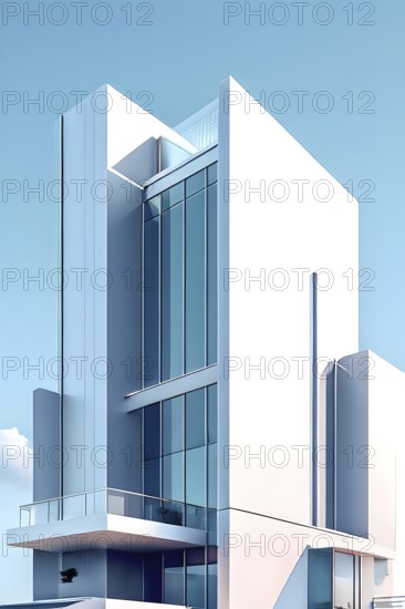 Minimalist architectural composition of modern buildings, with clean angles, rendered in geometric forms and soft hues of grey, cream, and light blue, AI generated