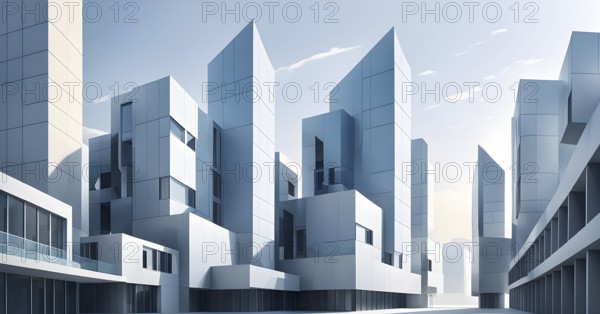 Minimalist architectural composition of modern buildings, with clean angles, rendered in geometric forms and soft hues of grey, cream, and light blue, AI generated