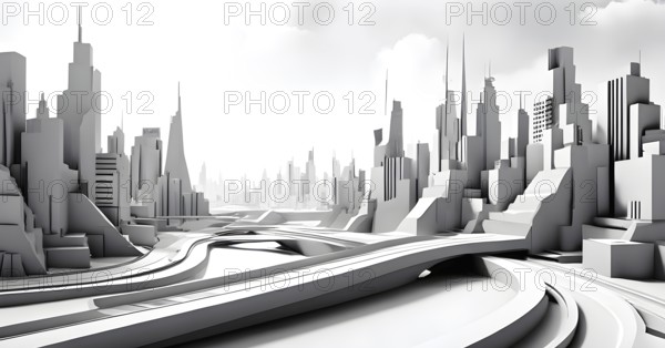 Modern city skyline using clean lines and geometric forms, with rectangular buildings and smooth, curved roads in a monochromatic color palette of grey, black, and white, AI generated