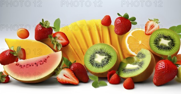 Colorful and artfully arranged slices of fruits like mangoes, strawberries, and kiwi, AI generated