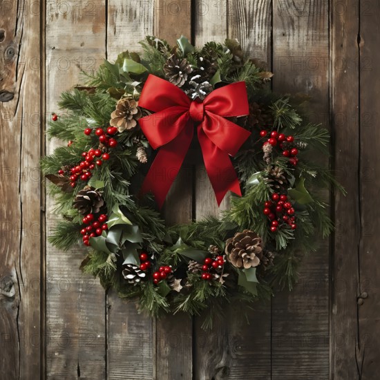 Classic holiday wreath with frosted holly leaves hanging on a rustic wooden door, AI generated