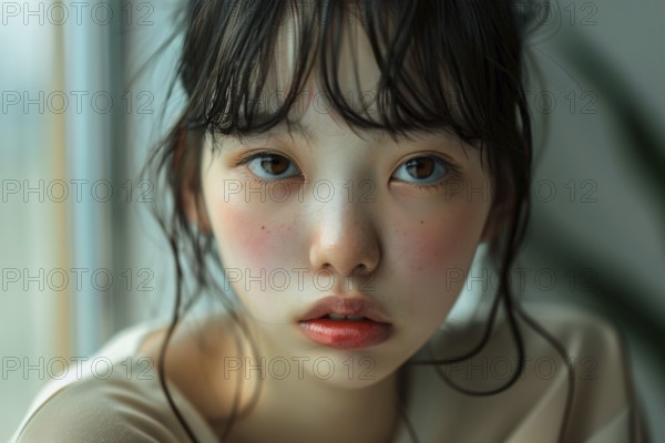 Portrait of young Asian woman or teenage girl with bangs. KI generiert, generiert, AI generated