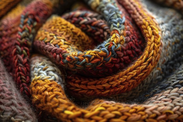 Close up of knitted fabric with autumn colors. Generative Ai, AI generated