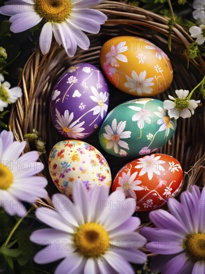 Vibrant-colored Easter eggs in a wicker basket, surrounded by delicate spring flowers, AI generated