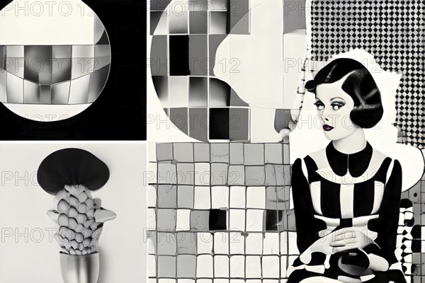 AI generated illustration of a whimsically modern and antiquated fusion collage with monochrome archival images