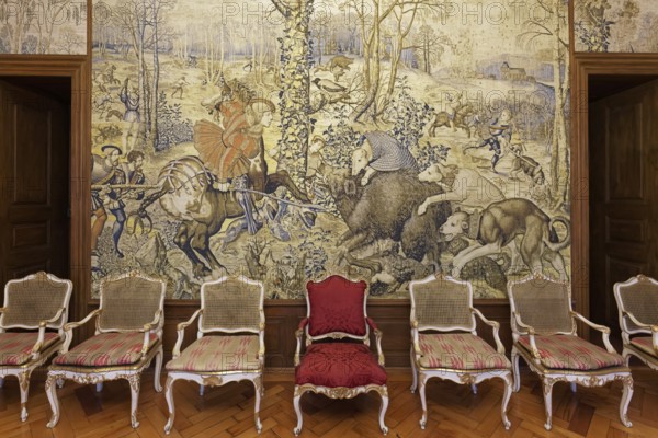 New Meersburg Castle, Audience Room with tapestry of Emperor Maximilian II hunting, Meersburg, Baden-Württemberg, Germany, Europe