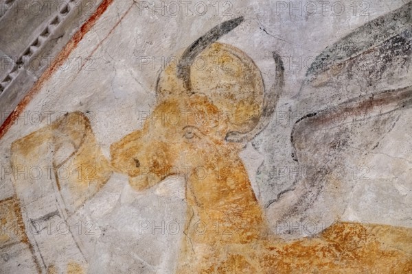 Bull, early Gothic mural painting in the ribbed vault, chancel of the Romanesque St Michael's Church, Michaelsberg, Cleebronn, Baden-Württemberg, Germany, Europe