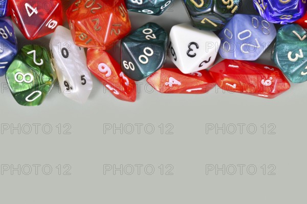 Different colorful roleplaying RPG dice with copy space