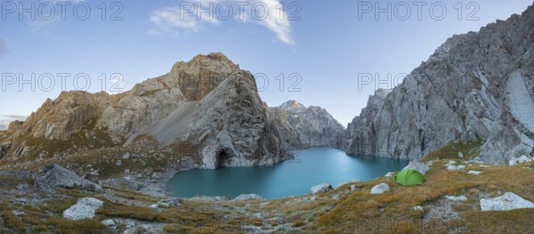 Wild camping, camping in the wilderness with a tent in front of mountain lake Kol Suu, Sary Beles Mountains, Naryn Province, Kyrgyzstan, Asia