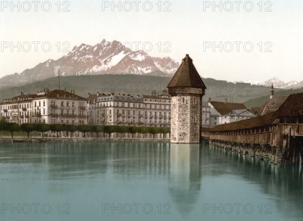 Chapel Bridge and view of Pilatus, Lucerne, Switzerland, Historic, digitally restored reproduction from a 19th century original, Record date not stated, Europe