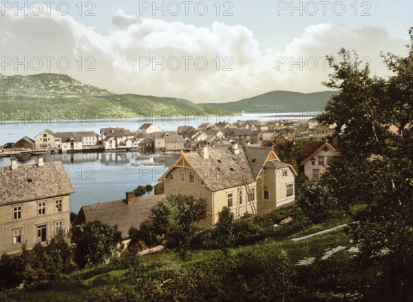 Harstadhavn, the harbour of the town of Harstad, Norway, View from 1885, Historical, digitally restored reproduction from a 19th century original, Record date not stated, Europe