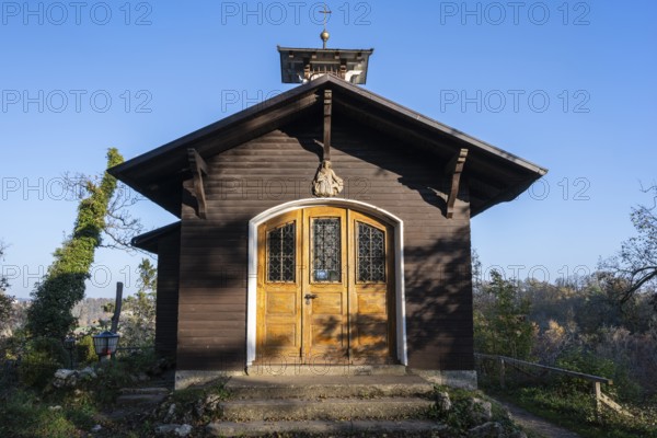 The Meinrad Chapel built in 1948 in the princely park of Inzigkofen in the upper Danube valley, district of Sigmaringen, Baden-Württemberg, Germany, Europe