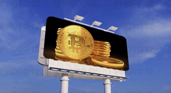 Symbolic image, Bitcoin on billboard, positive mood, questionable vision of the future, stock market prices, insecure digital currency, resources, energy, industry, economy critical, stock market hype, stock market crash, payment, insolvency, wrong decisions, maximum profit, profit slump, share prices, Germany as a business location, global economy, globalisation, environmental protection, mafia, Trump government, Bitcoin rally, cryptocurrency, electronic wallet, crypto reserve, price development, stock market trading