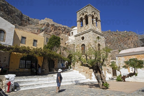 Main square of the lower town with the bell tower of the Byzantine Greek Orthodox Church of Christ Elkomenos, Monemvassia, Monemwassia, Monembasia, in the Myrtoan Sea, Laconia, Peloponnese, Greece, Europe