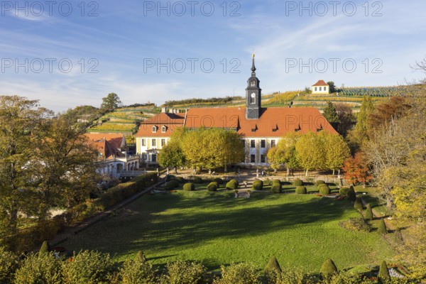 View from the Heinrichsburg castle to the French part of the castle park, baroque castle, vineyard and vintner's house Luisenburg in autumn, Diesbar-Seußlitz, Saxony, Germany, Europe