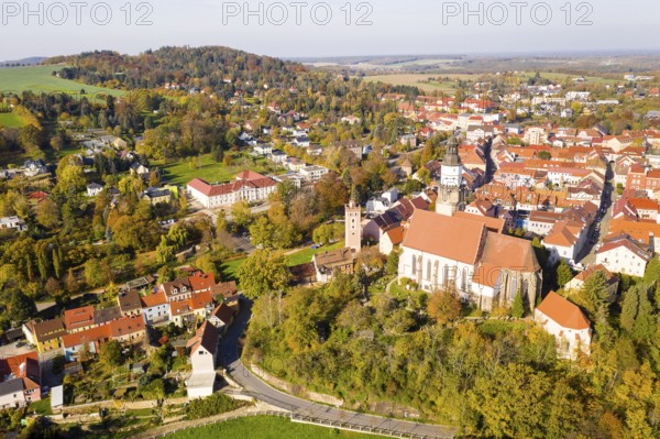 Aerial view of the city with Hutberg, Red Tower and St. Mary's Church, Kamenz, Saxony, Germany, Europe