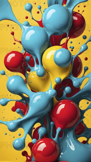 Abstract image with vibrant blue and red blobs and liquid shapes on a yellow background, AI generatedAbstract image with vibrant blue and red blobs and liquid shapes on a yellow background, AI generated