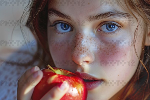 Close up of woman eating red apple fruit. Generative AI, AI generated