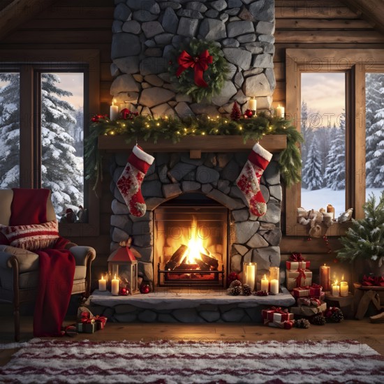 Traditional stone fireplace decorated for Christmas, with garlands, stockings, and candles, set in a cozy, snow-draped winter cabin, AI generated