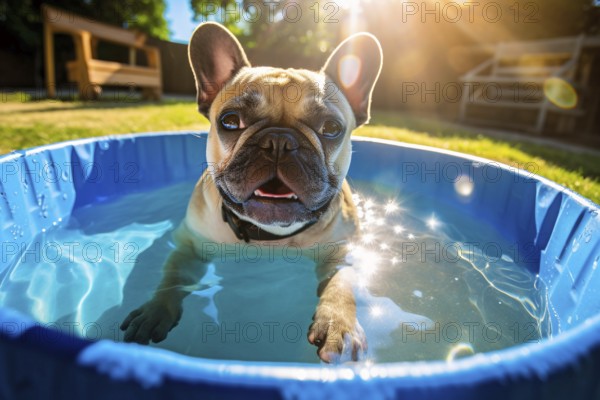 French Bulldog dog in small blue paddling pool. KI generiert, generiert AI generated