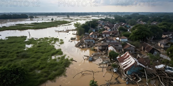 Aerial view showcases the extensive demolition within a village in massive water flood, AI generated