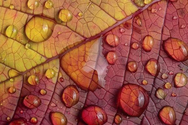 Close up of water droplets on red and yellow autumn leaf. Generative Ai, AI generated