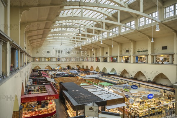 Built in 1912 in Art Nouveau style and opened in 1914, the Stuttgart market hall is now a listed building and is one of the sights of the city of Stuttgart, Baden-Württemberg, Germany, Europe