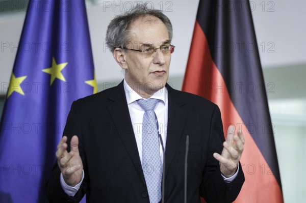 Uwe Cantner, Professor of Economics/Microeconomics at Friedrich Schiller University Jena, pictured during the handover of the 2024 report by the Commission of Experts for Research and Innovation (EFI) to Federal Chancellor Olaf Scholz in the presence of the Federal Minister of Education and Research, Bettina Stark-Watzinger. Berlin, 28 February 2024