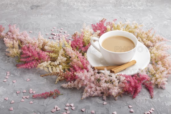 Pink and red astilbe flowers and a cup of coffee on a gray concrete background. Morninig, spring, fashion composition. side view, close up