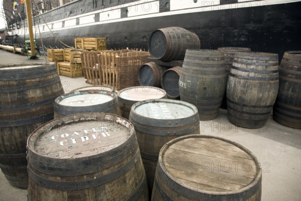 Food supplies in wooden barrels SS Great Britain maritime museum, Bristol, England, UK