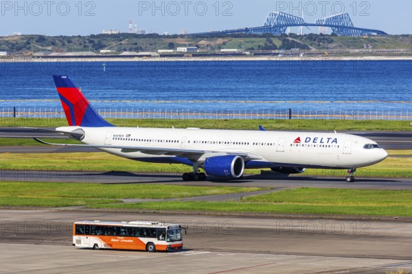 A Delta Air Lines Airbus A330-900 aircraft with the registration number N409DX at Tokyo Haneda Airport, Japan, Asia