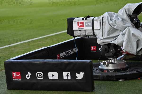 TV camera, rain cover, Bundesliaga logo, Voith-Arena, Heidenheim, Baden-Württemberg, Germany, Europe