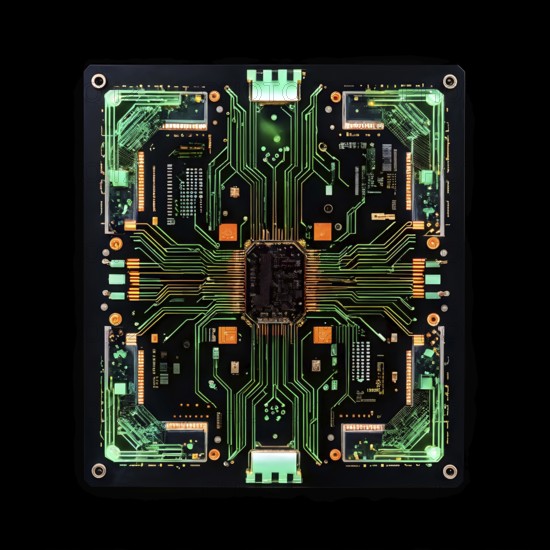 Birds eye view of a circuit board in vivid colored paths and connections, AI generated