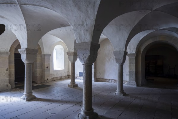 The Lippoldsberg Monastery with the Church of St George and St Mary is a former Benedictine monastery that was the origin of the village of Lippoldsberg on the Weser in northern Hesse. Romanesque narthex, Lippoldsberg, Lippoldsberg, Hesse, Germany, Europe